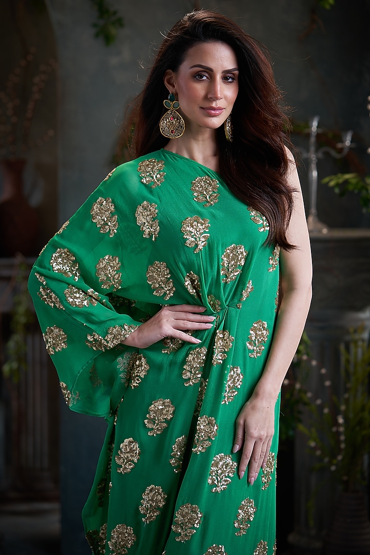 Green Georgette Sequins Embroidered One-Shoulder Kaftan Vacation Dress by Arab Crab at Pernia's Pop Up Shop