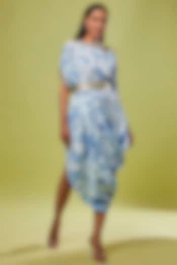 Blue & White Muslin Floral Printed & Embellished Draped Dress by Arab Crab