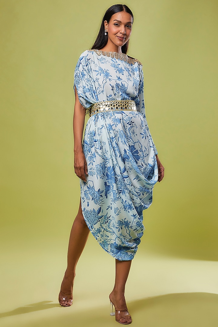 Blue & White Muslin Floral Printed & Embellished Draped Dress by Arab Crab