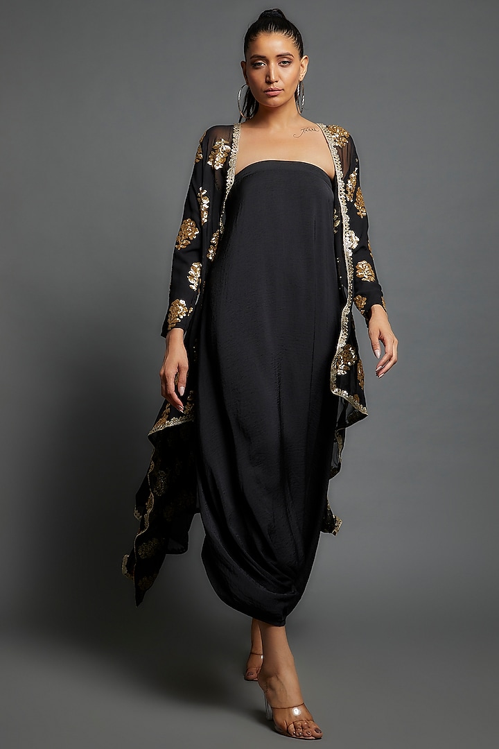 Black Georgette & Silk Embroidered Jacket With Jumper by Arab Crab