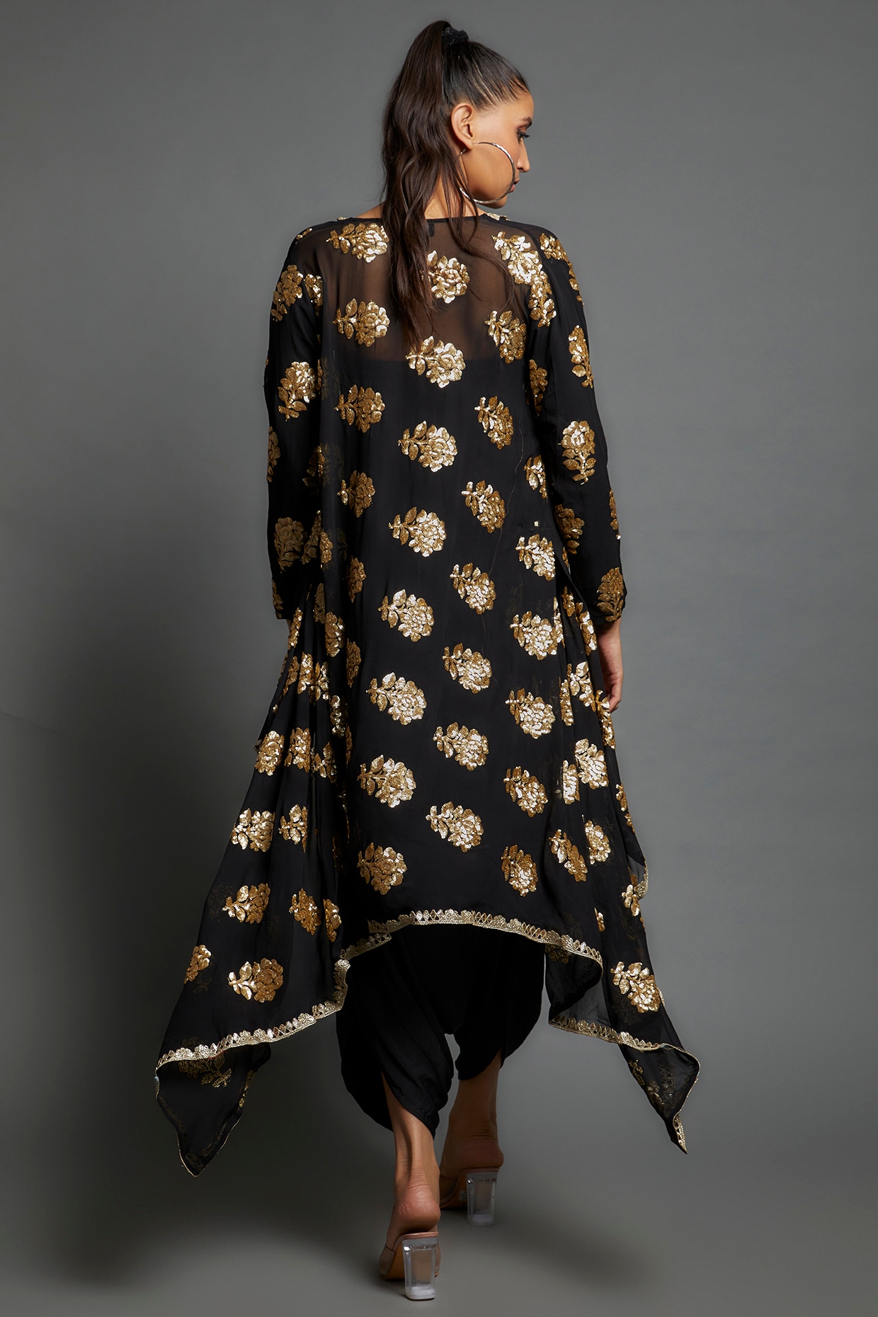 Black Georgette & Silk Embroidered Jacket With Jumper Design by 