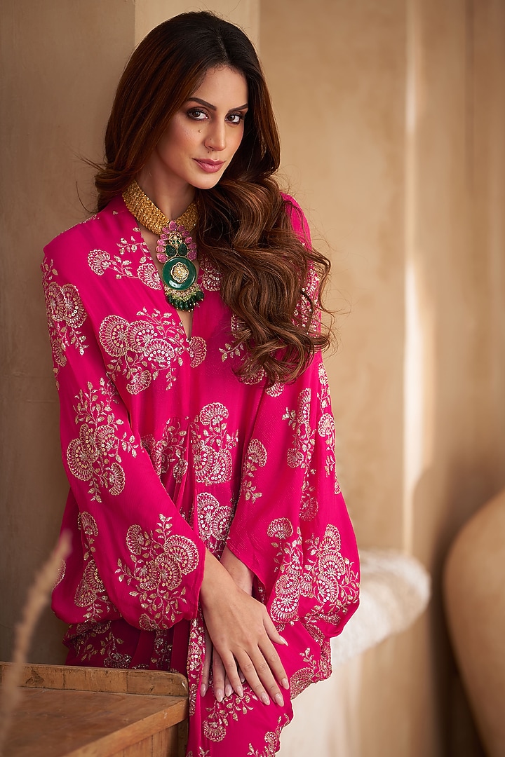 Pink Chinon Embroidered Midi Summer Dress by Arab Crab at Pernia's Pop Up Shop