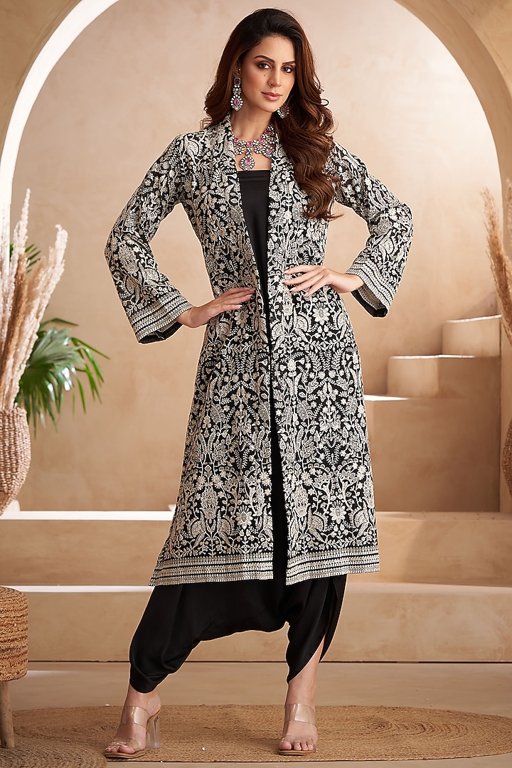 Black Georgette & Modal Satin Chikankari Embroidered Jacket Set by Arab Crab at Pernia's Pop Up Shop