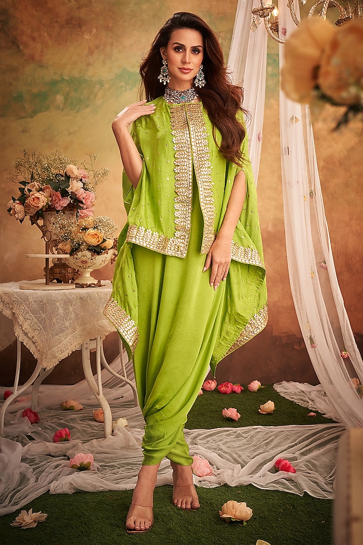 Green Georgette Lace & Boota Embroidered Cape With Jumper by Arab Crab