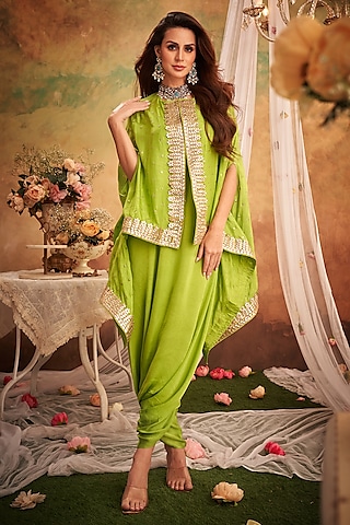 Green Georgette Lace & Boota Embroidered Cape With Jumper by Arab Crab