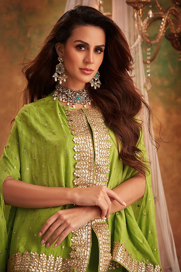 Green Georgette Lace & Boota Embroidered Cape With Jumper by Arab Crab at Pernia's Pop Up Shop