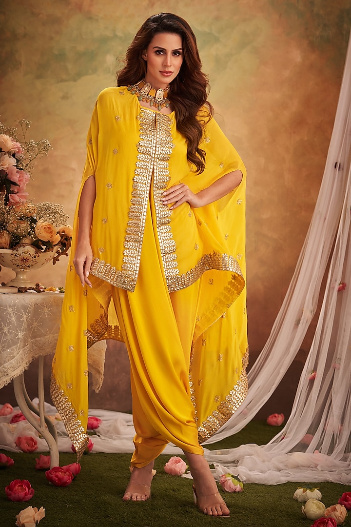 Yellow Georgette Lace & Boota Embroidered Cape With Jumper by Arab Crab