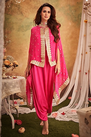 Pink Georgette Lace & Boota Embroidered Cape With Jumper by Arab Crab