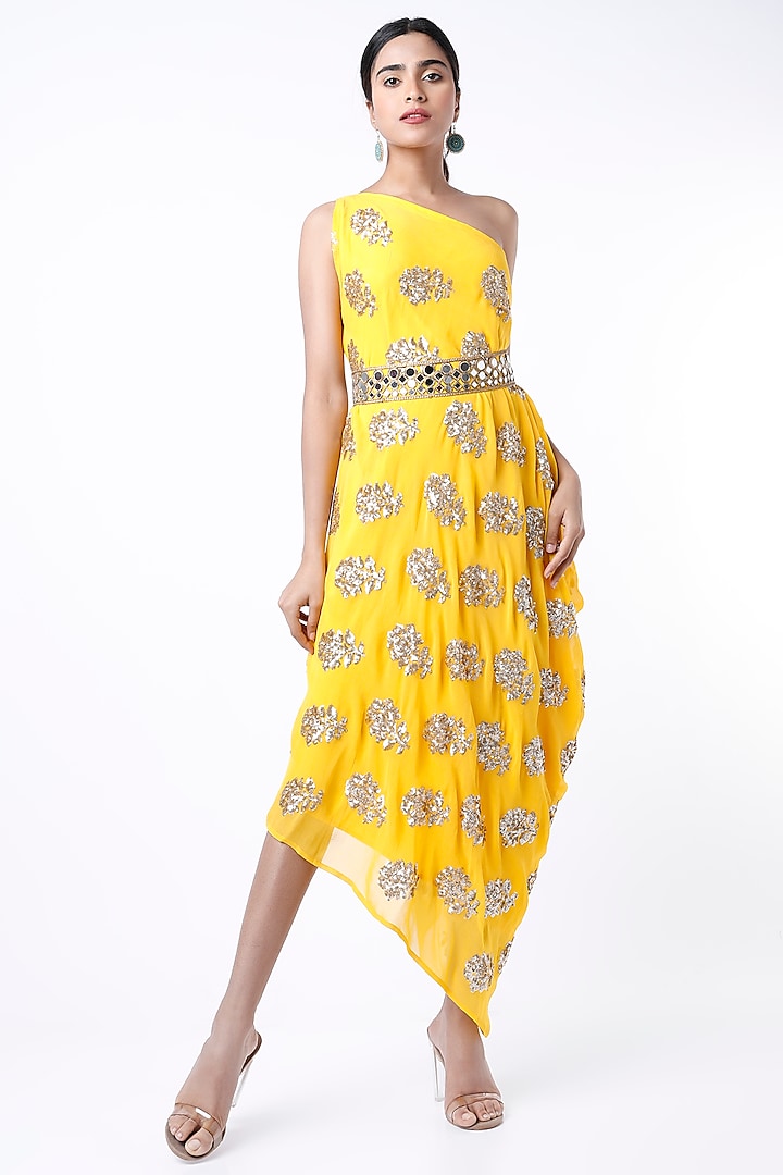Yellow Sequins Embroidered Dress by Arab Crab