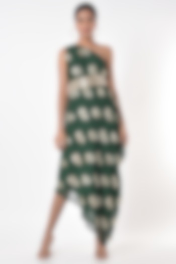 Bottle Green Embroidered One-Shoulder Midi Dress by Arab Crab