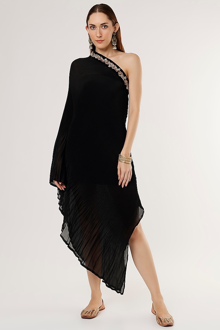 Black Pleated Polyester Dress by Arab Crab