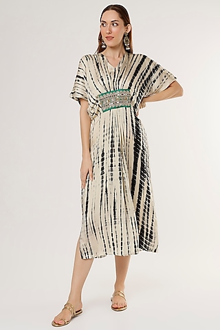 Egg Shell White & Black Printed Kaftan Dress by Arab Crab