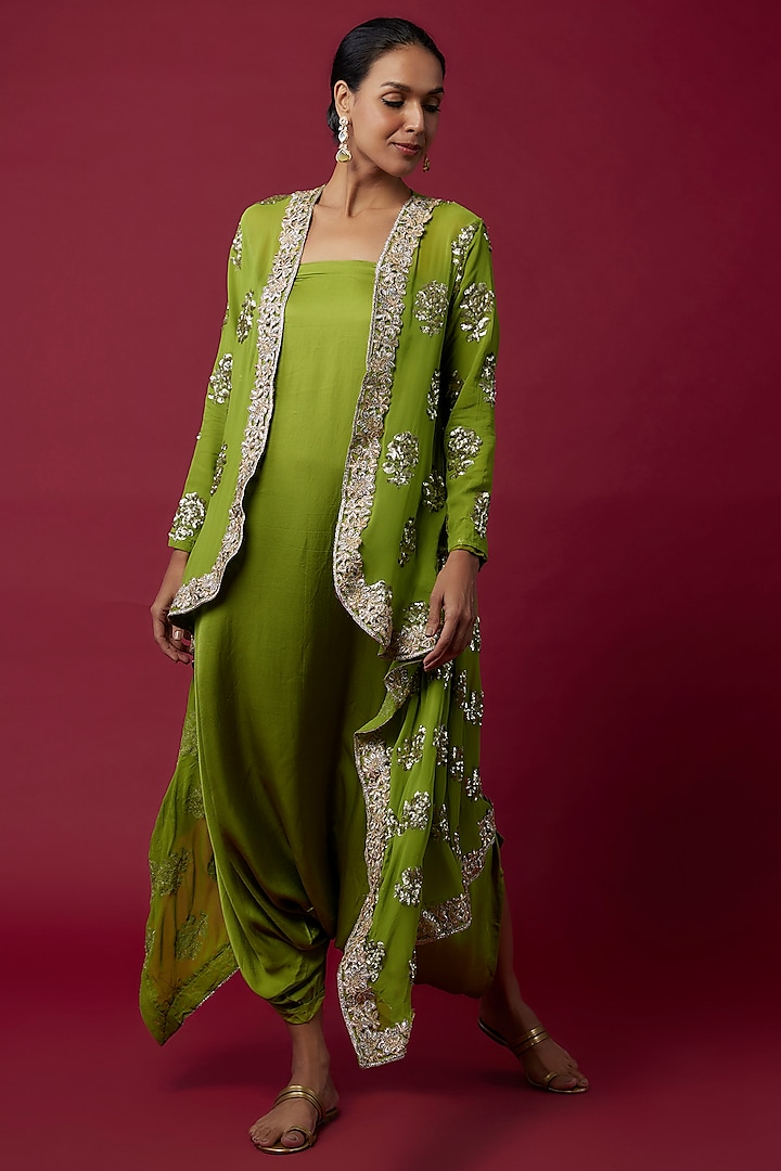 Green Georgette Silk Sequins Embroidered Jacket Set by Arab Crab