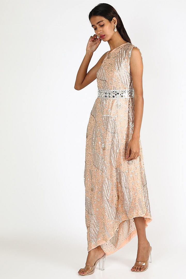 Peach Embroidered Dress With Slip & Belt by Arab Crab