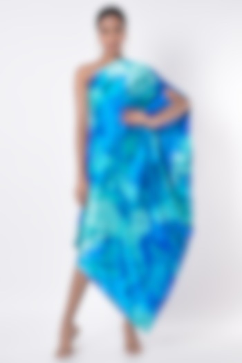 Blue Shaded Printed One-Shoulder Midi Dress by Arab Crab