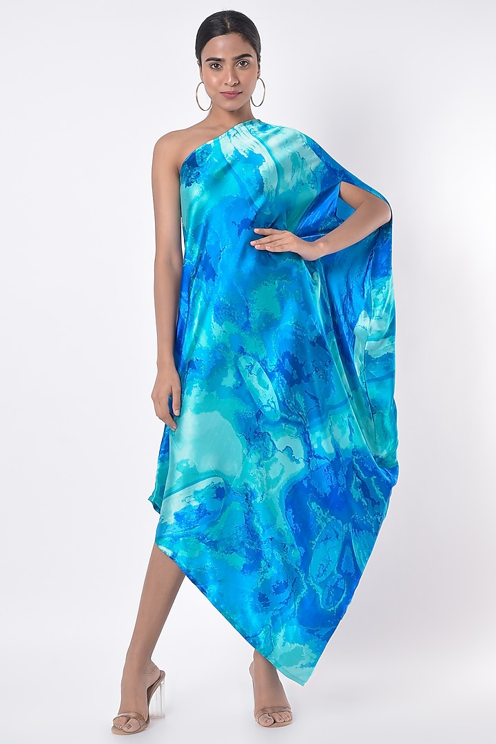 Blue Shaded Printed One-Shoulder Midi Dress Design by Arab Crab at ...