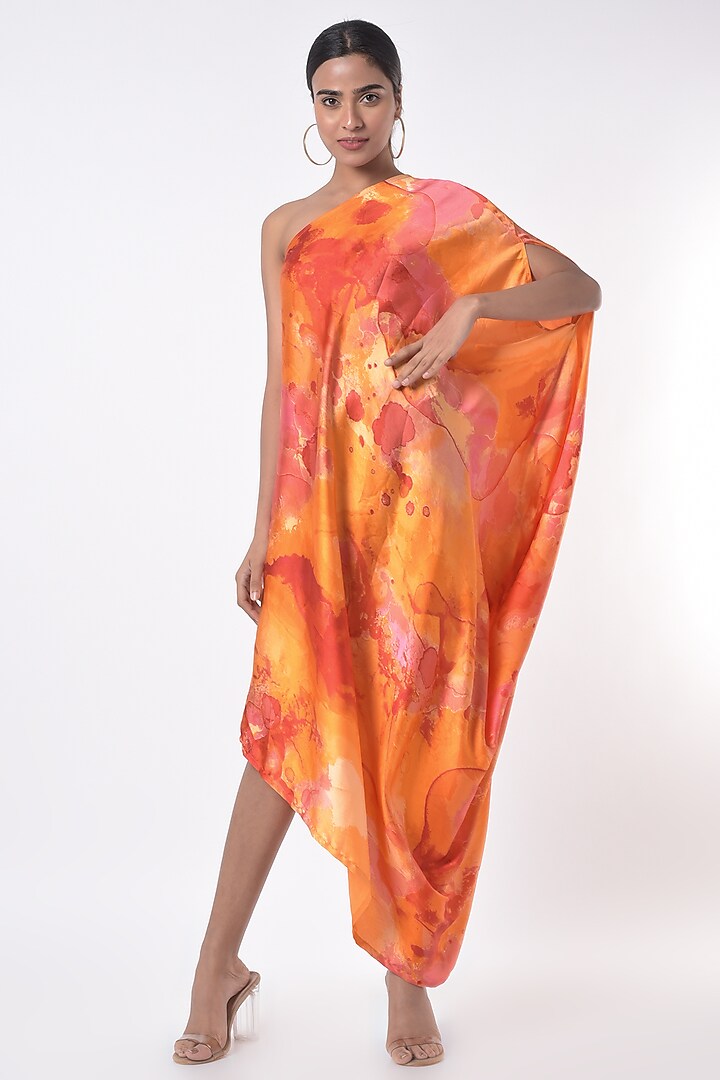 Orange Shaded Printed One-Shoulder Midi Dress by Arab Crab