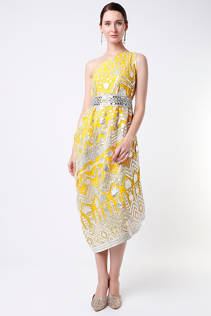 Yellow Foil Printed One-Shoulder Dress by Arab Crab