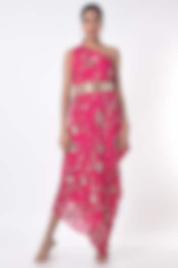 Bright Pink Foil Embroidered One-Shoulder Midi Dress by Arab Crab
