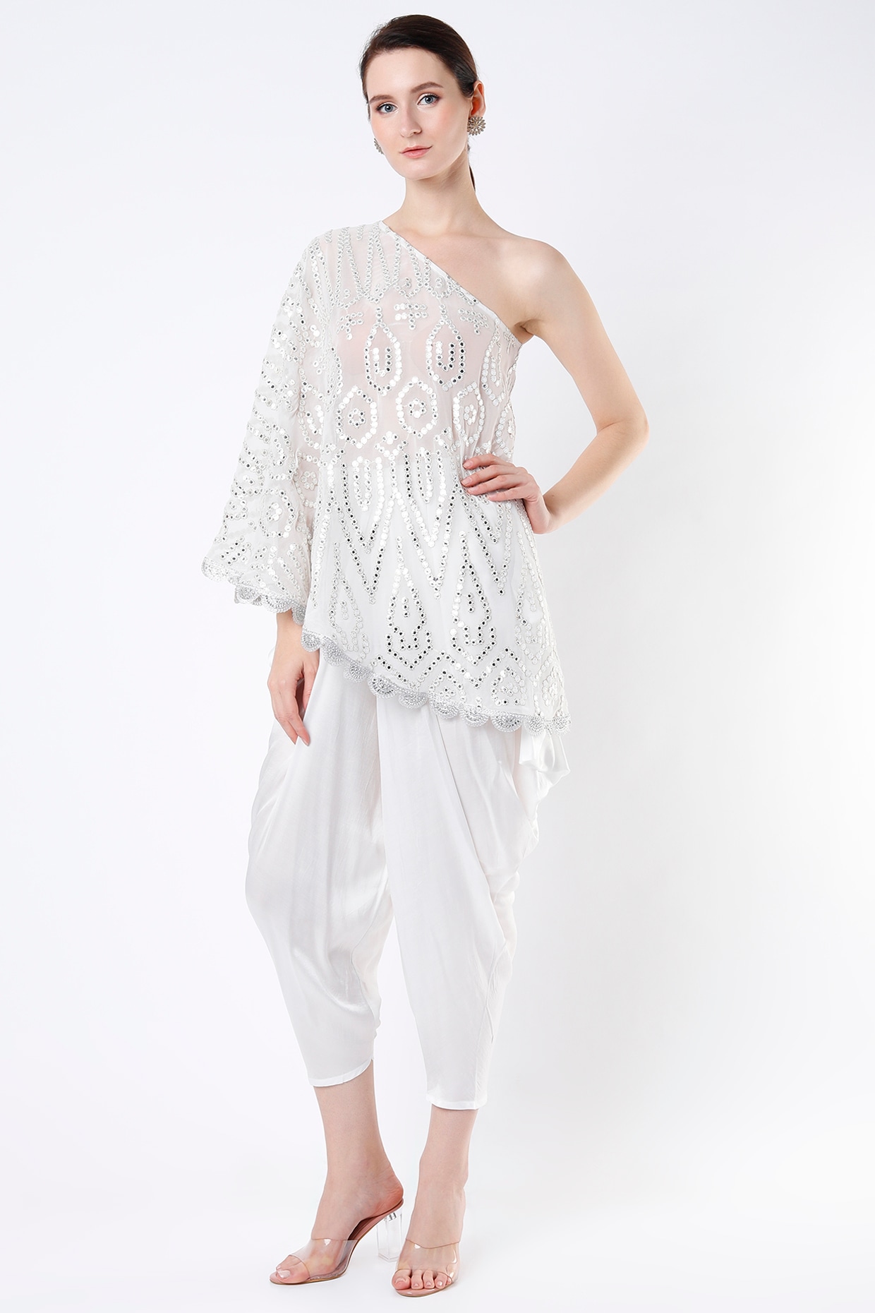 Buy White Jamdani V Neck Printed Tunic Dhoti Pant Set For Women by Nikasha  Online at Aza Fashions.