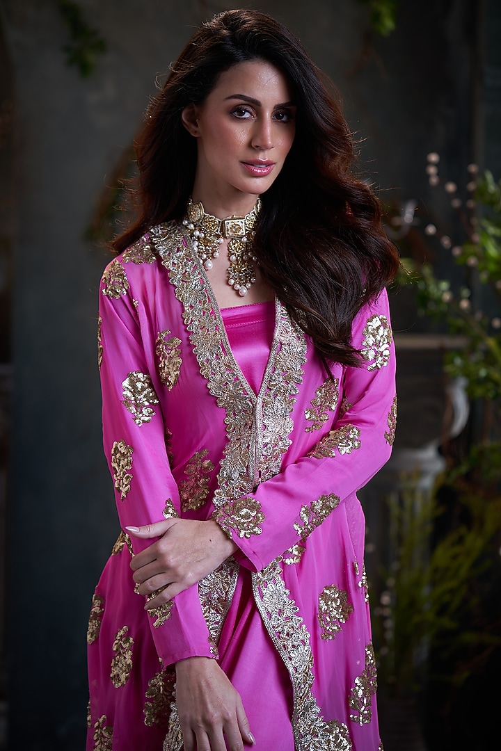 Pink Modal Satin Jumpsuit With Jacket by Arab Crab at Pernia's Pop Up Shop