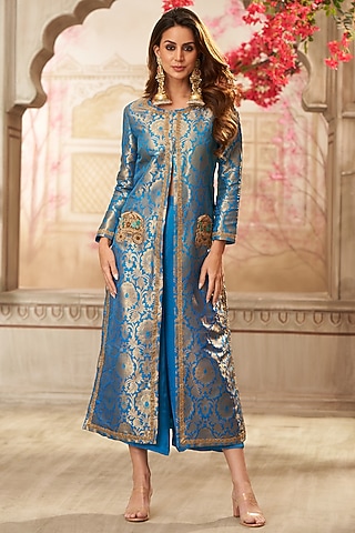 Blue Brocade Embroidered Jacket Set by Arab Crab