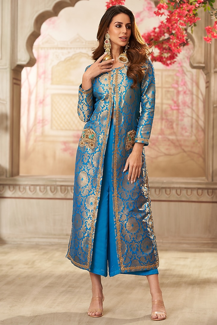 Blue Brocade Embroidered Jacket Set by Arab Crab at Pernia's Pop Up Shop
