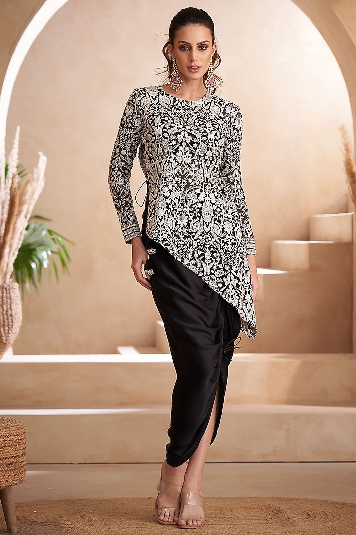 Black Georgette & Modal Satin Adjustable Skirt Set by Arab Crab at Pernia's Pop Up Shop