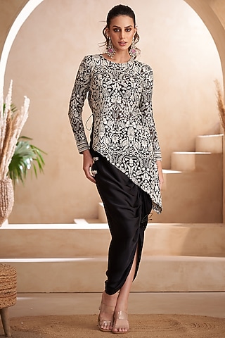 Black Georgette & Modal Satin Adjustable Skirt Set by Arab Crab