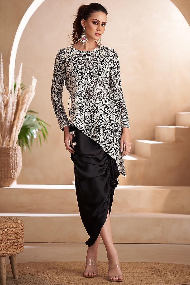 Black Georgette & Modal Satin Adjustable Skirt Set by Arab Crab at Pernia's Pop Up Shop