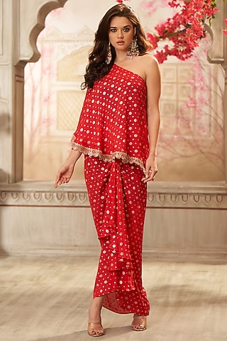 Red Chinon Brocade High-Low Skirt Set by Arab Crab