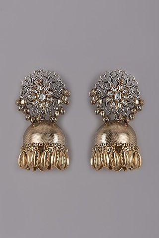 Oxidised Finish Kundan Jhumka Earrings by ACCENTUATE