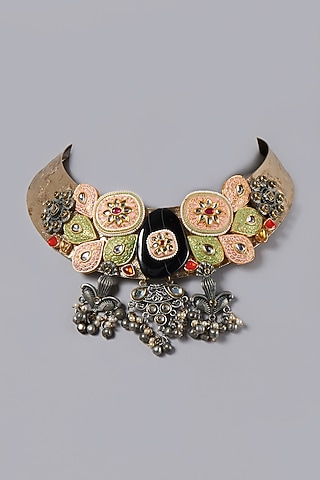 Antique Gold Finish Meenakari Choker Necklace by ACCENTUATE
