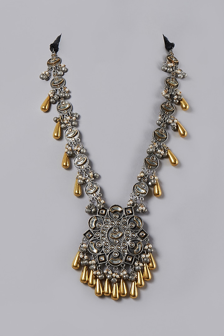 Oxidised Finish Long Necklace With Gold Danglers by ACCENTUATE