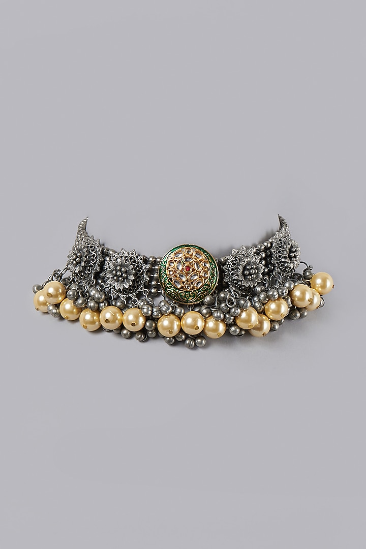 Oxidised Finish Choker Necklace With Semi-Precious Pearls by ACCENTUATE