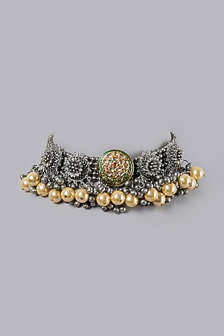 Oxidised Finish Choker Necklace With Semi-Precious Pearls by ACCENTUATE