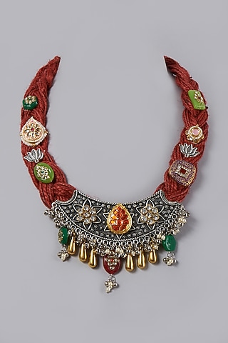 Oxidised Finish Choker Necklace With Semi-Precious Stones by ACCENTUATE