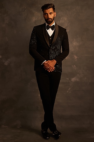 Black Italian Fabric Hand Embroidered Tuxedo Set by ACHKANN