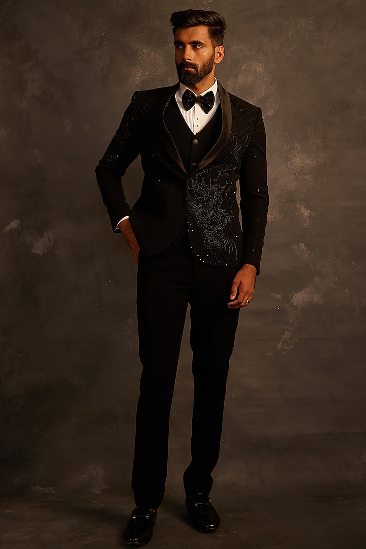 Black Italian Fabric Hand Embroidered Tuxedo Set by ACHKANN at Pernia's Pop Up Shop