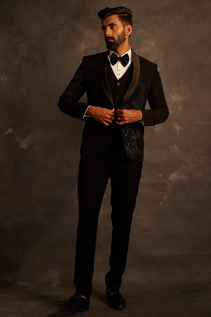 Black Italian Fabric Hand Embroidered Tuxedo Set by ACHKANN at Pernia's Pop Up Shop