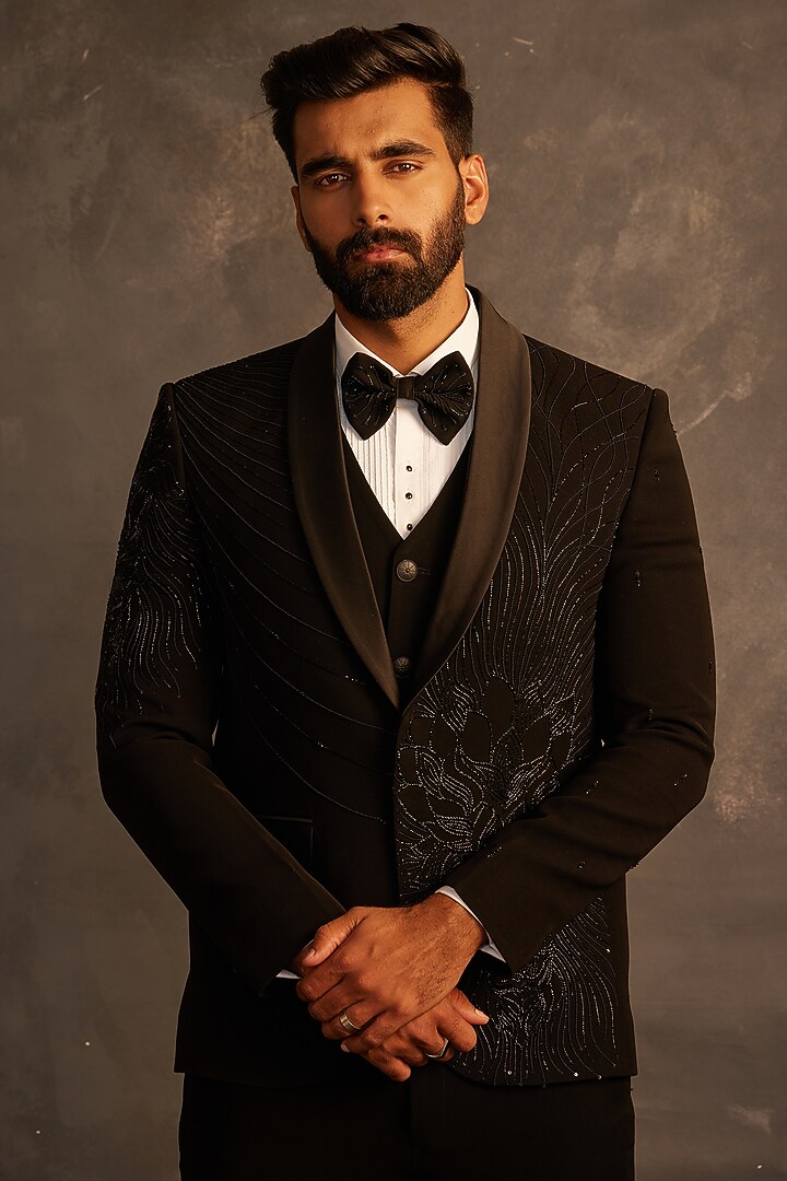 Black Italian Fabric Hand Embroidered Tuxedo Set by ACHKANN at Pernia's Pop Up Shop