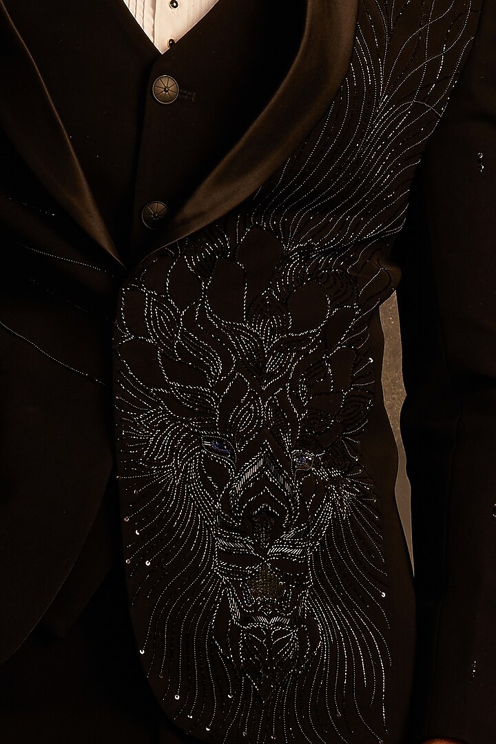 Black Italian Fabric Hand Embroidered Tuxedo Set by ACHKANN at Pernia's Pop Up Shop