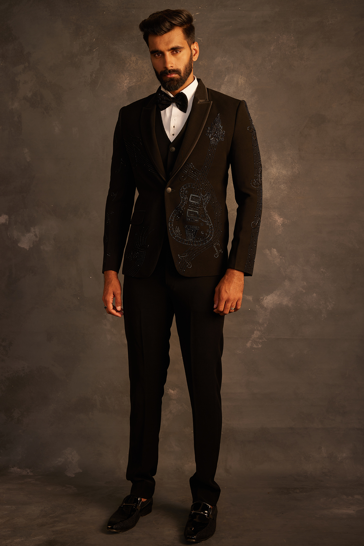 Black Italian Fabric Hand Embroidered Tuxedo Set by ACHKANN at Pernia's Pop Up Shop