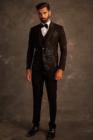Black Italian Fabric Hand Embroidered Tuxedo Set by ACHKANN