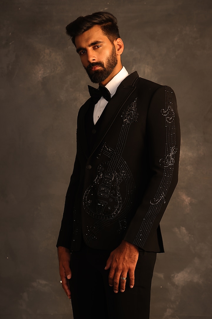 Black Italian Fabric Hand Embroidered Tuxedo Set by ACHKANN at Pernia's Pop Up Shop