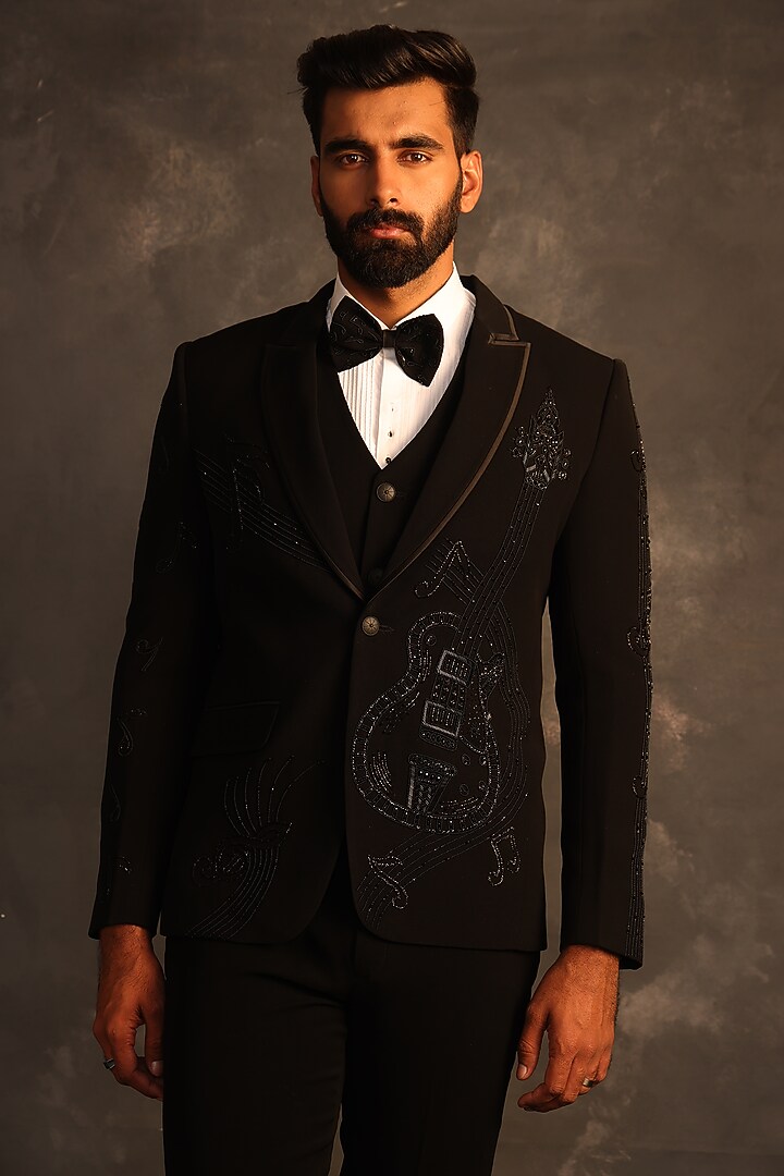 Black Italian Fabric Hand Embroidered Tuxedo Set by ACHKANN at Pernia's Pop Up Shop