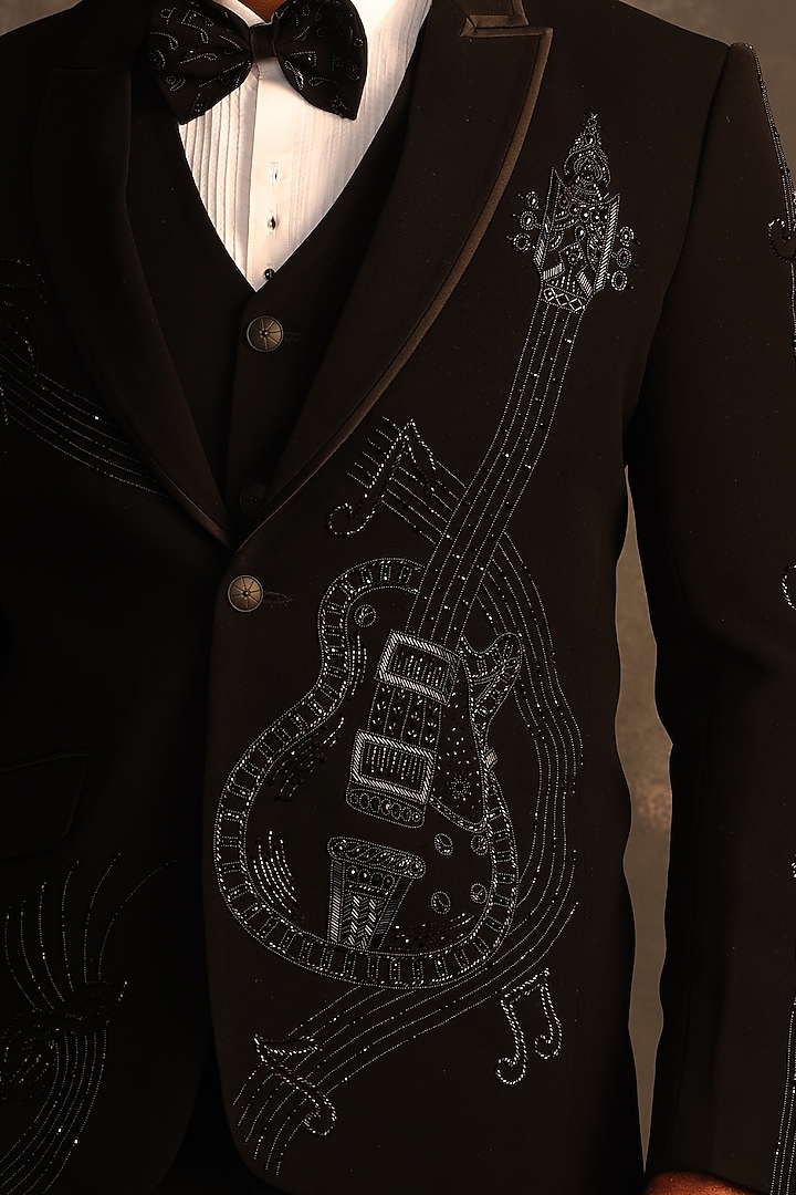 Black Italian Fabric Hand Embroidered Tuxedo Set by ACHKANN at Pernia's Pop Up Shop