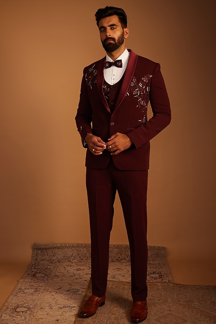 Wine Italian Fabric Zardosi Hand Embroidered Tuxedo Set by ACHKANN at Pernia's Pop Up Shop