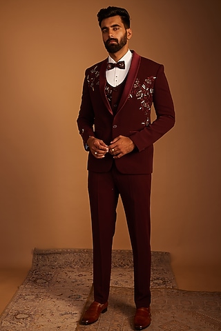 Wine Italian Fabric Zardosi Hand Embroidered Tuxedo Set by ACHKANN