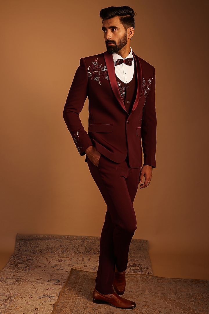 Wine Italian Fabric Zardosi Hand Embroidered Tuxedo Set by ACHKANN at Pernia's Pop Up Shop